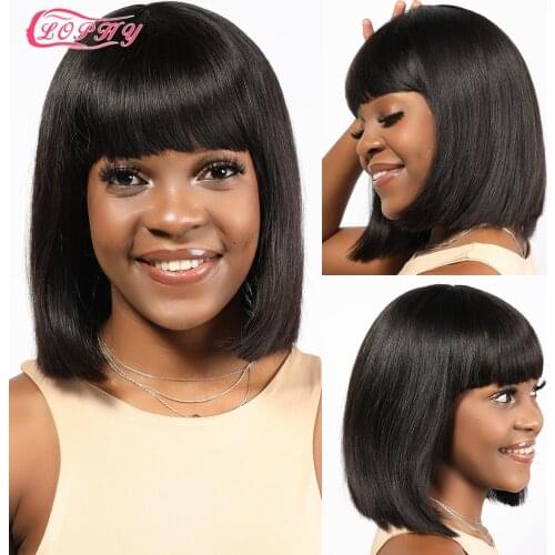 Short Bob Bangs Wigs Brazilian Human Hair Wigs Natural Black Short Cut Straight Wig With Bangs Bob Shoulder Wig For Black Women