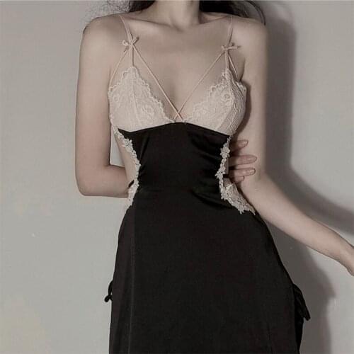 QWEEK Sexy Night Dress Women Ice Silk Sleepwear Lace Patchwork Nightgown Summer 2021 Nightwear Backless Dressing Gown Ladies