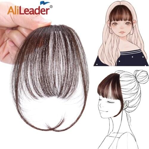 Alileader Blunt Bangs Natural Human Air Bangs Clip On Hair Extension Fake Fringe Front Straight Human Fake Hairpiece Black Brown