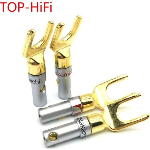 TOP-HiFi 4 pcs Nakamichi Brass Gold plated U- type Y Spade Speaker Plugs Audio Screw Fork Connector Adapter for Speaker Cable
