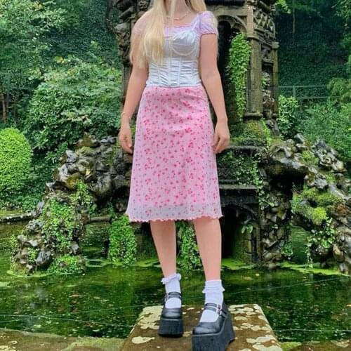 SEASONS Floral Print Pink High Waist Midi Skirt Y2K Patchwork Mesh Short Skirts Womens Summer Casual Kawaii Fashion ASSK82900