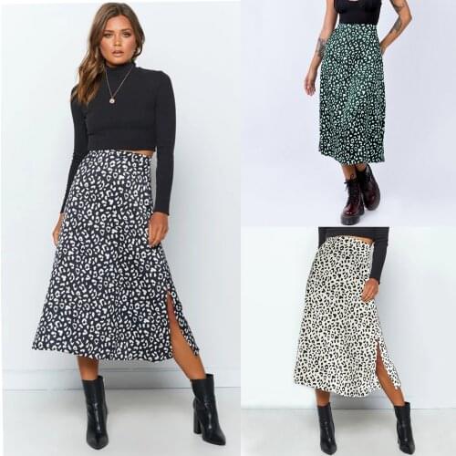 2021 Womens Leopard Chiffon Print Split Length Zipper High Waist Skirt Spring Summer Sexy Ladies Commuter Falda