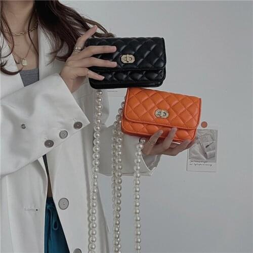 Small PU Crossbody Bags for Women Pearl Chains Small Flap Handbag Leather Shoulder Bag Females Bead Lattice Tote-bag Female 2021