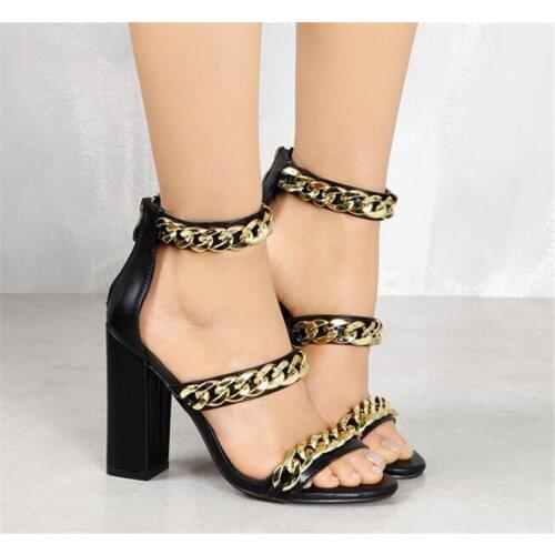 Sestito Ladies Fashion Chunky Heels Dress Party Shoes Woman Chian Embellished Gladiator Sandals Female 3 Straps Zipper Sandals