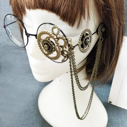 Retro Women Round Steampunk Glasses Frame Ladies Lolita Gears Chain Decoration Eyewear Punk Gothic Cosplay Accessories Halloween