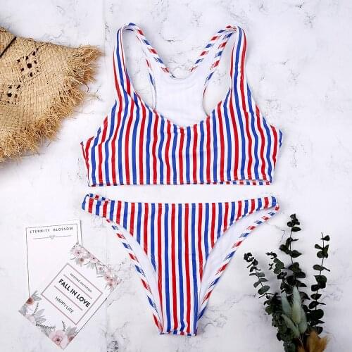 Women Bikini Set Retro Striped Bikini Floral Printed Swimwear Women Sexy Swimsuit Red Stripe Bathers Patchwork Bathing Suit