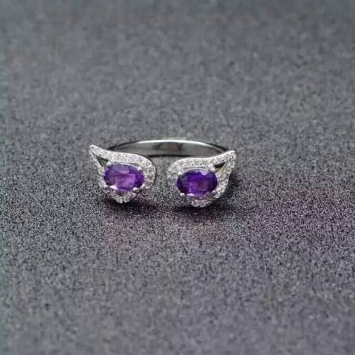 Natural blue moonstone gem Ring Natural amethyst ring S925 silver trendy elegant glasses wing Adjustable womens girl Jewelry