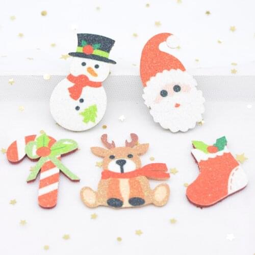 10Pcs/lot Glitter Print Appliques Crutches Socks Elk Santa Claus Snowman for DIY Christmas Hair Clips Sticker Decor Patches H64