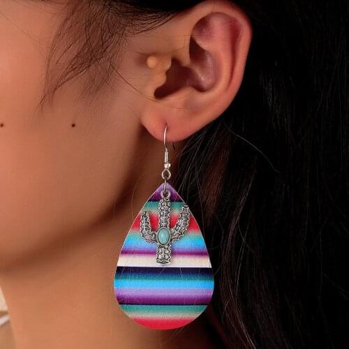 2021 Wholesale European and American Retro Rainbow Color Double-sided Leather Alloy Cactus Drop Leather Earrings