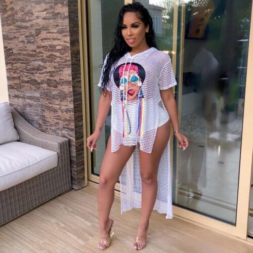AHVIT Sexy Mesh See Through Party Dress Short Sleeve Hooded Collar Cartoon Printed Front Short Back Long Nightclub Dress H1166