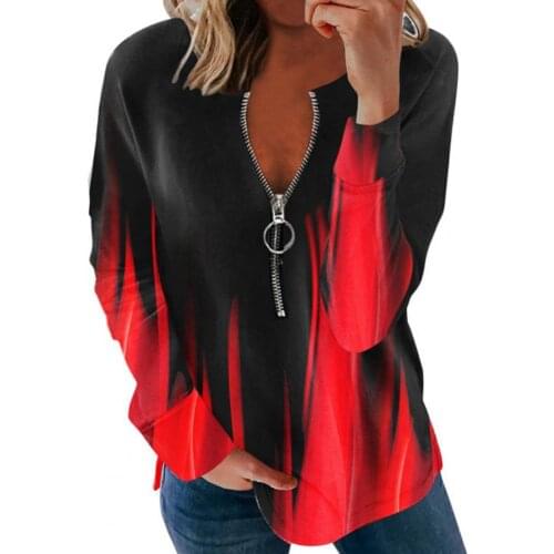 Gradient Color Women Blouse Zipper V-Neck Soft Long Sleeve Loose Autumn Blouse Ladies Clothing