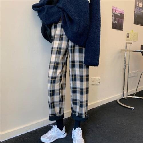 Korean Style Plaid Pants Elastic Waist Pockets Casual Wide Leg Pants Autumn Chic Korean Clothing Lady All-match Harajuku Pants