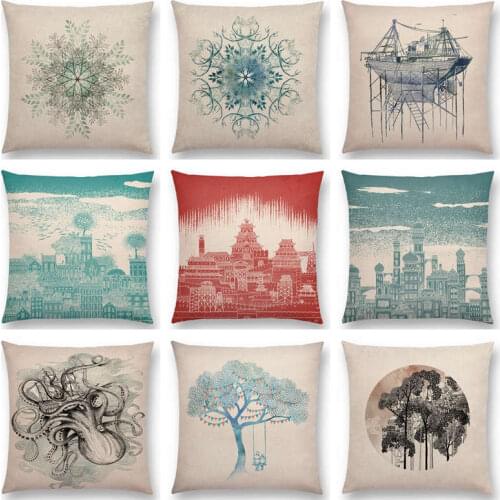 Color Sketch Snowflake Ship City Building Octopus Plants Tree Lightning Lion Cushion Cover Home Decor Sofa Throw Pillow Case