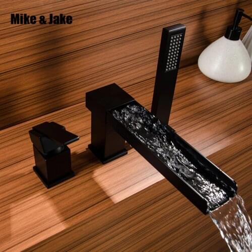 Black Waterfall Bathtub mixer with brass hand shower double function bathtub faucet set deck mounted bath shower faucet MJ0311