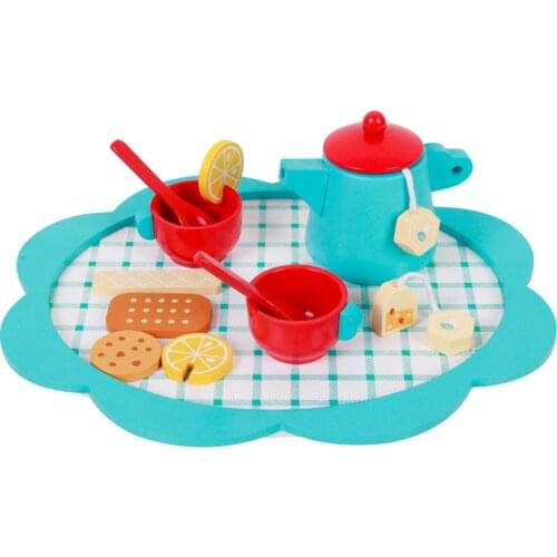 Childrens Pretend Wooden Afternoon Lemon Tea Set Cute Toys Indoor Baby Role-Playing Kitchen Blue Simulation Game Puzzle Gifts