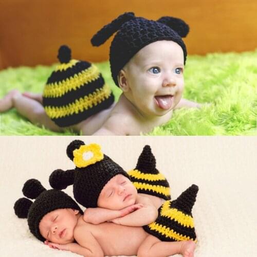 Childrens Handmade Wool Black Bee Photography Suit Newborn Baby Knitting Photo Studio Shooting Accessories Infant Cute Clothing