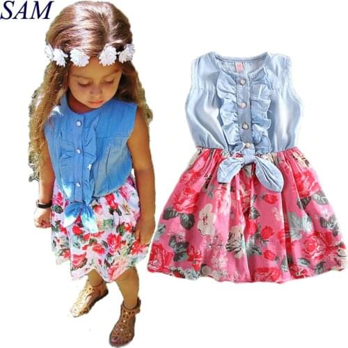 Baby Girls Dress 2019 Lovely Hot Kids Jean Denim Bow Flower Ruffled Sundress Dress for Girls Clothing Costume