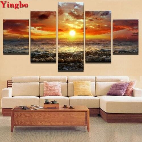 5d diy square round diamond painting 5 Piece Seascape sunset view Paintings full drill embroidery diamond mosaic sale Home Decor