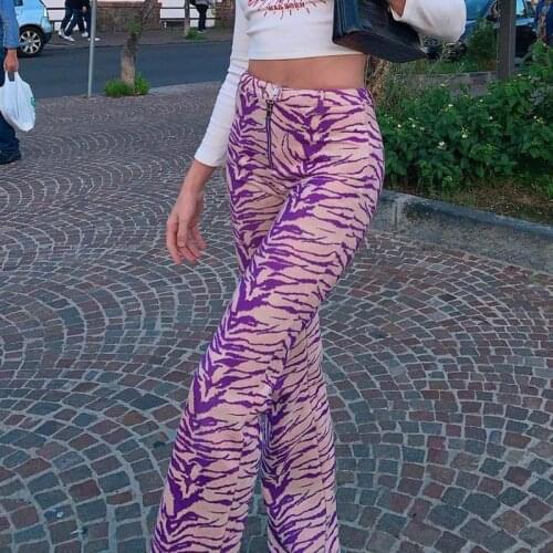 Fashion Zebra Pattern Flare Pants Zipper High Waist Trousers E-girl 90s Y2K Aesthetics Vintage Purple Bottom Harajuku Streetwear