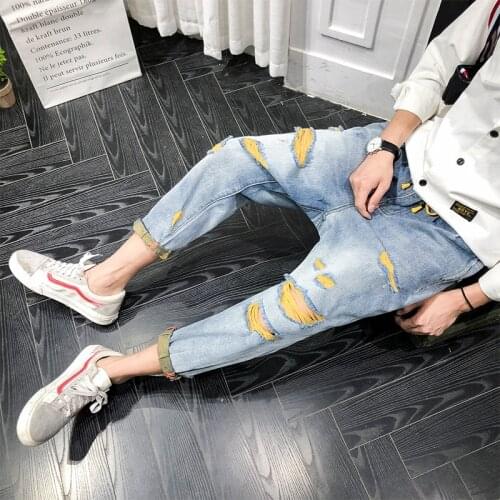 2021Male hip-hop popular ripped jeans trend ankle length pants loose personality handsome fashion mens pants summer harem jeans