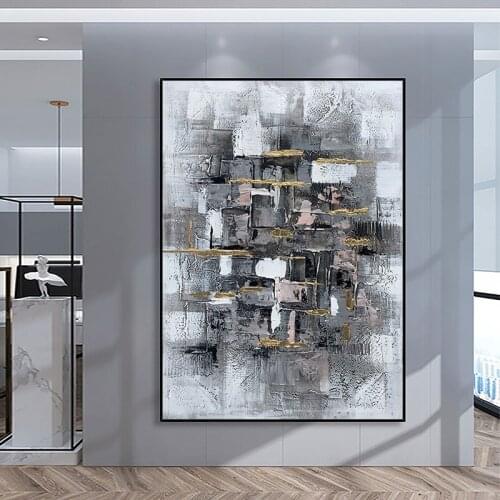 Unframed Wall Art Hand Painted Simple Black Gold Grey Oil Painting Abstract On Canvas Wall Pictures Painting For Living Room