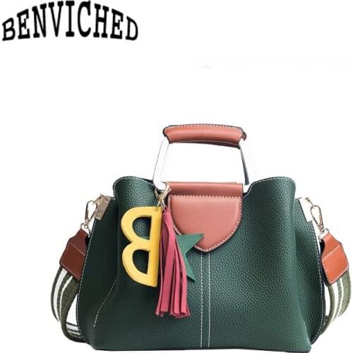 BENVICHED 2021 new wide shoulder strap Messenger bag hit color wild big bag female fashion tassel handbag tide R574