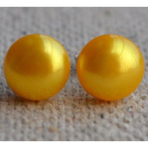 New Arrival Favorite Pearl Jewelry 8.5mm Golden Genuine Freshwater Pearl Silver Stud Earrings Fine Jewelry Charming Lady Gift
