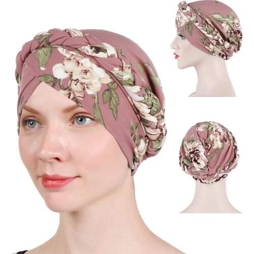 New Muslim Hijabs Womens Braid Turban Caps Flower Printed Milk Silk Stretchy Headscarf Bonnet Forehead Cross African Ladys Hat