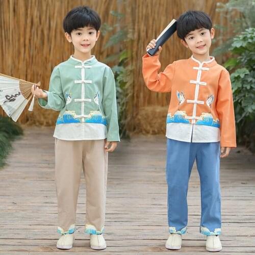 Boys Chinese National Style Sets Spring T-Shirt+Pants 2PCS Children Traditional Boy Tang Dynasty Hanfu Spring Retro Cute Clothes