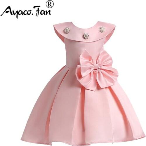 Baby Girls Dress 2019 New Cute Bow Beading Solid Backless Pleated Princess Dresses for Kids Children Party Dress with Ribbons