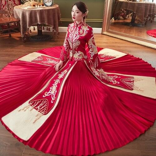 FZSLCYIYI Bride Dress Wedding Dress Retro Dress Chinese Cheongsam Dress The Bride Toast Clothing Long Section Wedding Hanfu