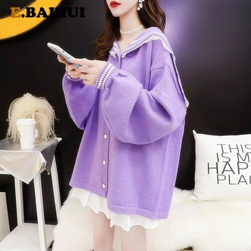 EBAIHUI Purple Sweater Jacket Women 2020 New Cardigan Autumn Outer Wear Navy Collar Top Korean Loose Lantern Sleeve Sweaters