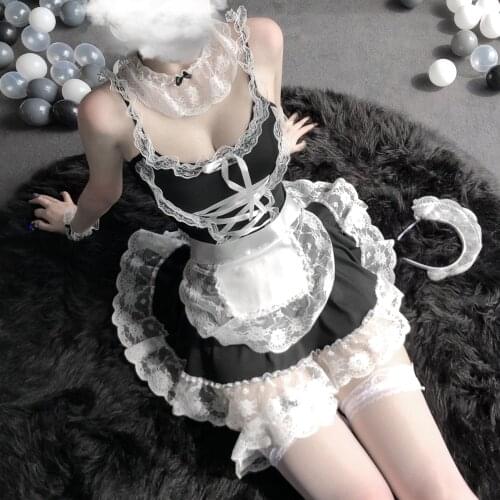 Sexy Lingerie Sexy Maid Outfit Maid Uniform Cosplay Lace Deep V Pajamas Suit Uniform Temptation Midnight Female Nightdress