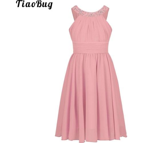 TiaoBug Kids Sleeveless Flower Girls Princess Dress Crystals Halter Neck Chiffon A-Line Dress For Birthday Party Wedding