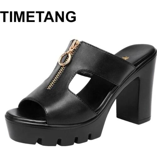 TIMETANG Plus Size 32-43 High Heels Slippers Women Platform Shoes Summer 2021 Block Heel Leather Slides Ladies Office Slippers