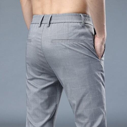 Thin Summer Plaid Pants Men Korea Style Regular Fit Office Suit Pants Formal Dress Trousers For Men Wendding Black Gray