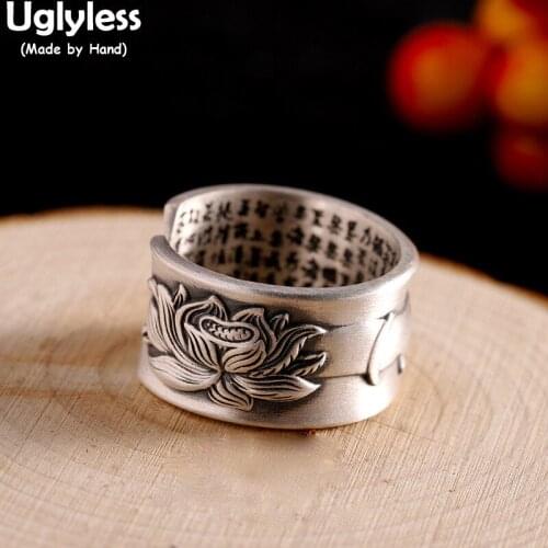 Uglyless Solid 999 Pure Silver Buddha Hand Lotus Rings Women Buddhism Heart Sutra Wide Open Rings Thai Silver Religious Jewelry