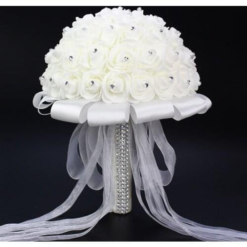 YO CHO Wedding Bouquet Roses Artificial Flowers White Wedding Bridesmaids Bridal Bouquets Rhinestone Marriage Supplies Bouquets