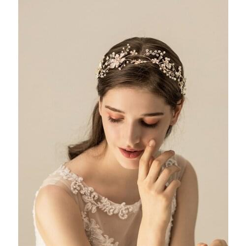 Handmade Gold Floral Women Tiara Bridal Headband Hair Vine Pearls Vintage Wedding Jewelry Hair Piece