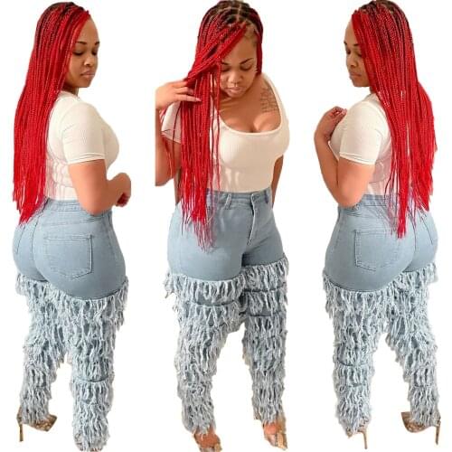 Womens Jean Fashion Casual Elegant Temperament Stacked Multilayer Tassel Washing Pocket Button Straight Wholesale DropShipping