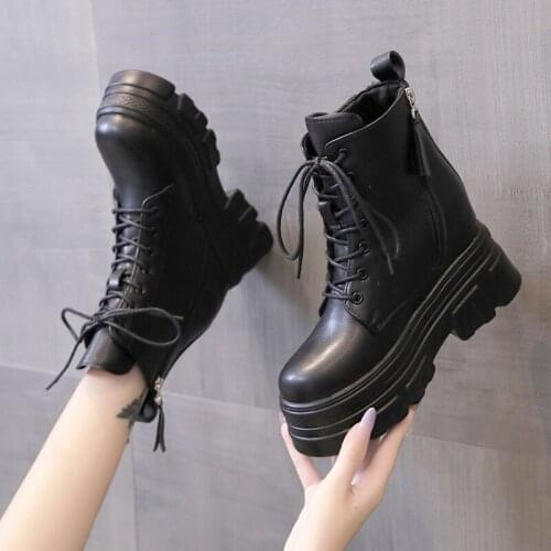 Womens Autumn Ankle Boots Leather Chunky Sneakers New 2021 Platform Short Boots 10cm Heel Thick Bottom Winter Motorcycle Boots