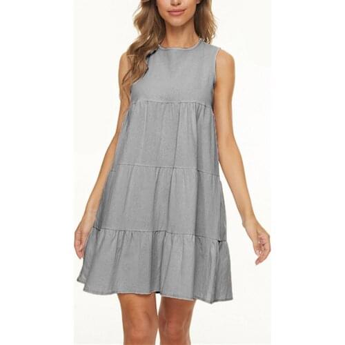 Women Summer Casual Dress Solid Color Loose Elegant Ladies Round Neck Sleeveless Simple Dresses