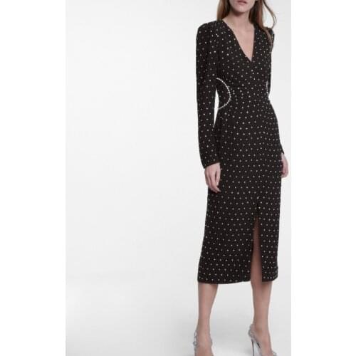 2021 New arrive high quality Womens Black Diamante V-neck Midi Dress