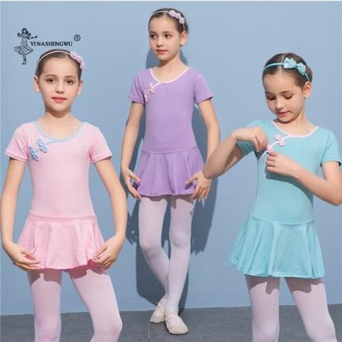 Ballet Dress Gymnastics Leotards for Girls Kids Chinese Style Retro Disc Button Short Sleeve Split Lotus Leaf Skirt Leotard