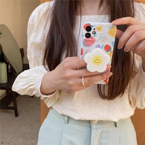 Case for iPhone 11 12 Pro Max Stand Cover Cute Smile Flower Mobile Phone Case Funda for iPhone 7 8 XR X XS Shockproof Back Cover
