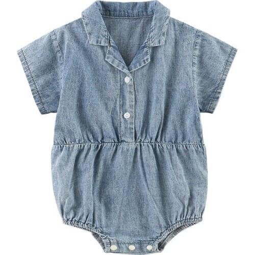 Baby clothes summer short-sleeved baby soft denim romper cotton triangle romper thin style bag fart summer