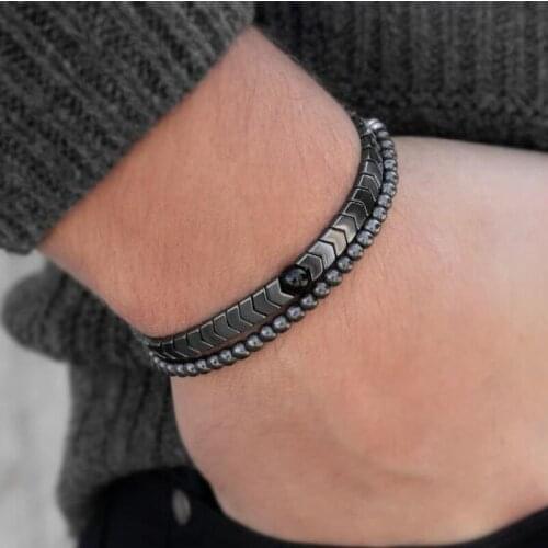4MM Beaded Double-Layer Bracelets Adjustable Rope Hematite Wristband for Men Health Charm Jewelry