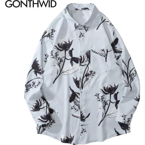 GONTHWID Hawaiian Beach Shirts Graffiti Flowers Print Long Sleeve Button Shirts Hip Hop Casual Harajuku Holiday Party Blouse