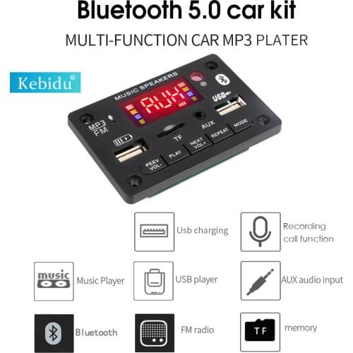 Kebidu Color screen 12V Bluetooth 5.0 decoder board with call recording USB rechargeable 5V-2A Reproductor Mp3 Player bluetooth