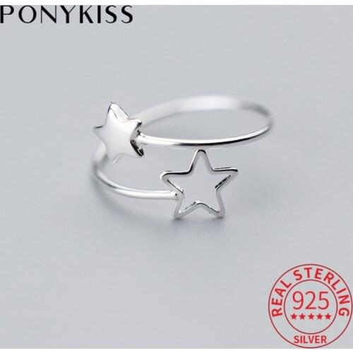 PONYKISS 100% S925 Sterling Silver Pentagram decoration adjustable Ring for Women Fine Jewelry Accessory Girl Party Gift